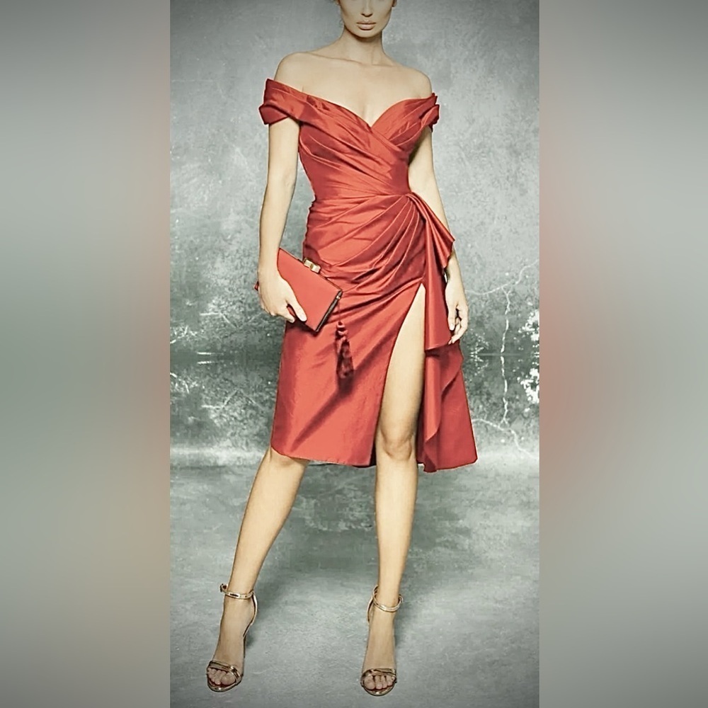 Tarik Ediz Tilda Sunset Orange Asymmetrical Wrap Cocktail Dress